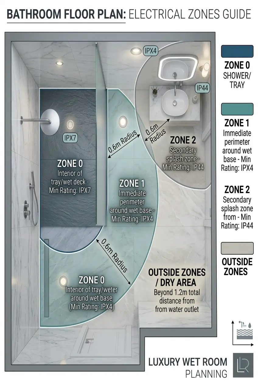 Zone 2 extends 0.6 meters beyond the perimeter of Zone 1, surrounding sinks, basins, and shower edges.