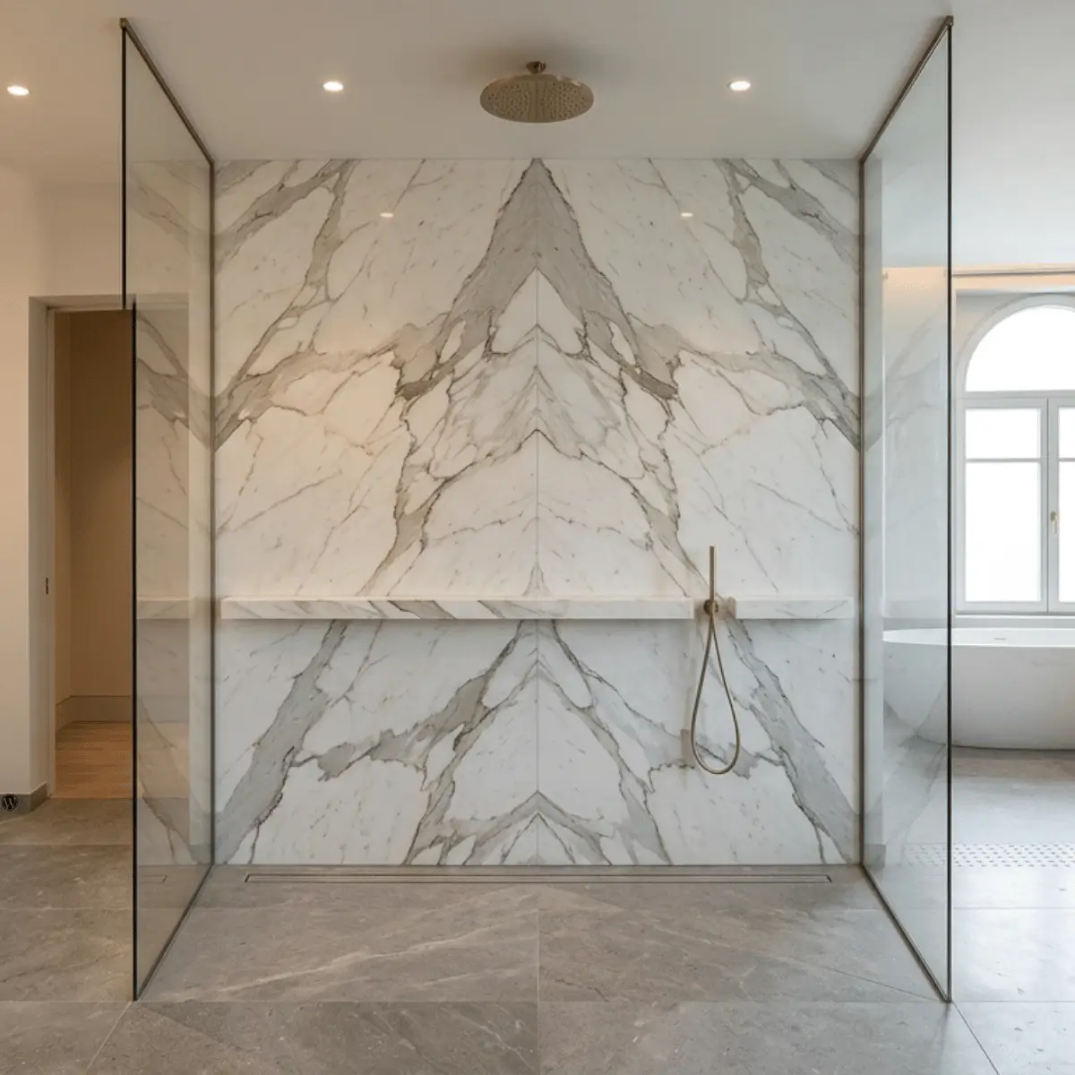 bookmatched calacatta marble shower wall installation demands absolute technical mastery